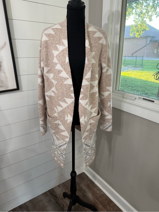 Frye Sweaters - Frye Cozy Cardigan Sweater, Beige White Geometric Aztec Southwest Open Front M